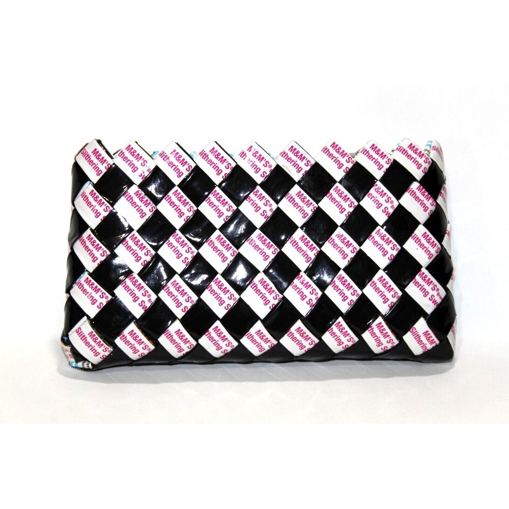 Mitz Unique Handwoven M&M Candy Wrapper Clutch Black White Pink 6.5" x 3.5"